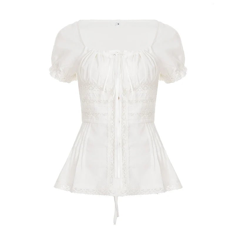 Women's White Lace Breathable Patchwork Sweet Knitted Blouse Square Neck Short Sleeve Tank Tops Ribbons Elegant Dating - Zeprah