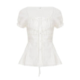 Women's White Lace Breathable Patchwork Sweet Knitted Blouse Square Neck Short Sleeve Tank Tops Ribbons Elegant Dating - Zeprah