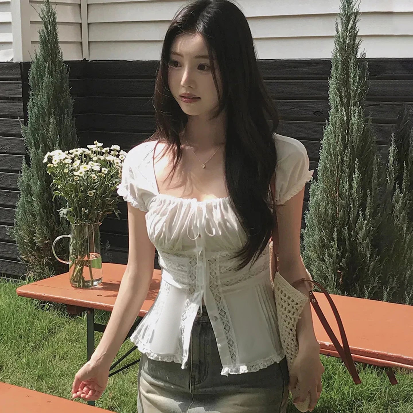 Women's White Lace Breathable Patchwork Sweet Knitted Blouse Square Neck Short Sleeve Tank Tops Ribbons Elegant Dating - Zeprah