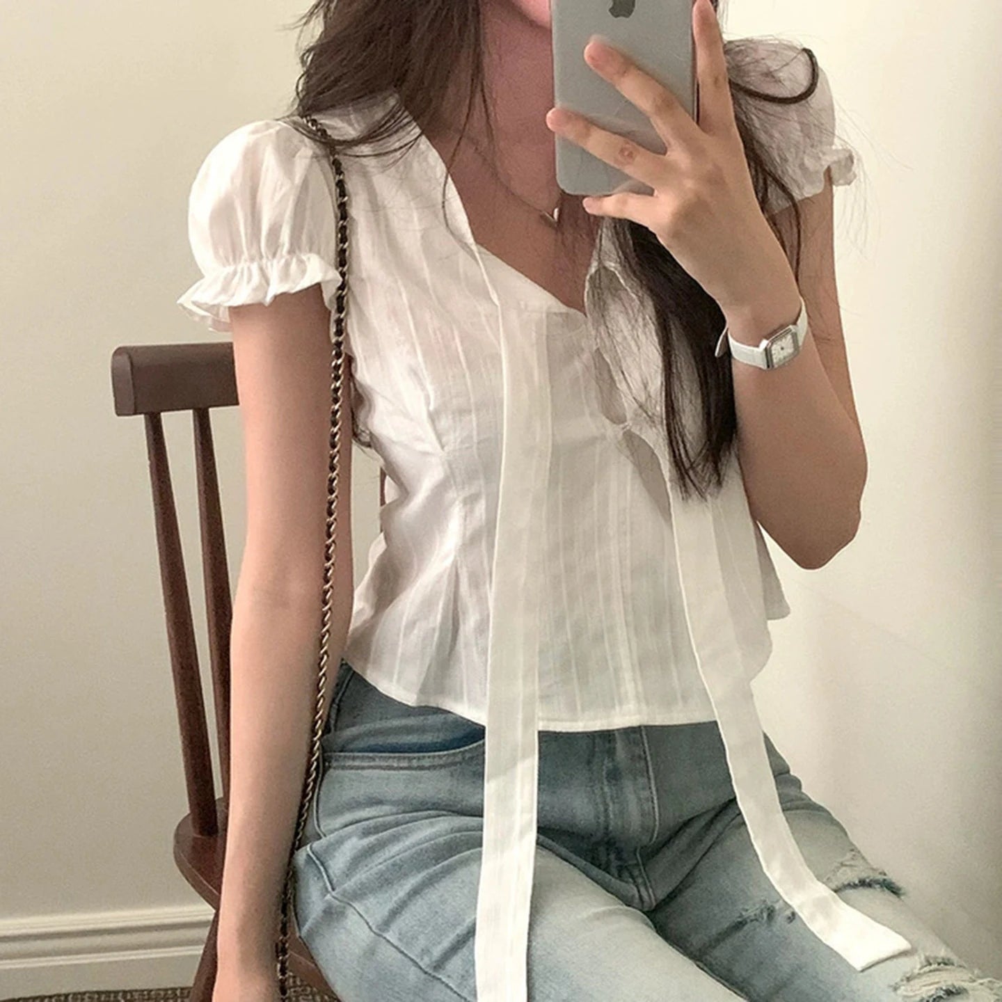 Women's White Puff Sleeve T-Shirt with Lace - Up V - Neck, Soft Cute Casual Blouse for Girls - Zeprah
