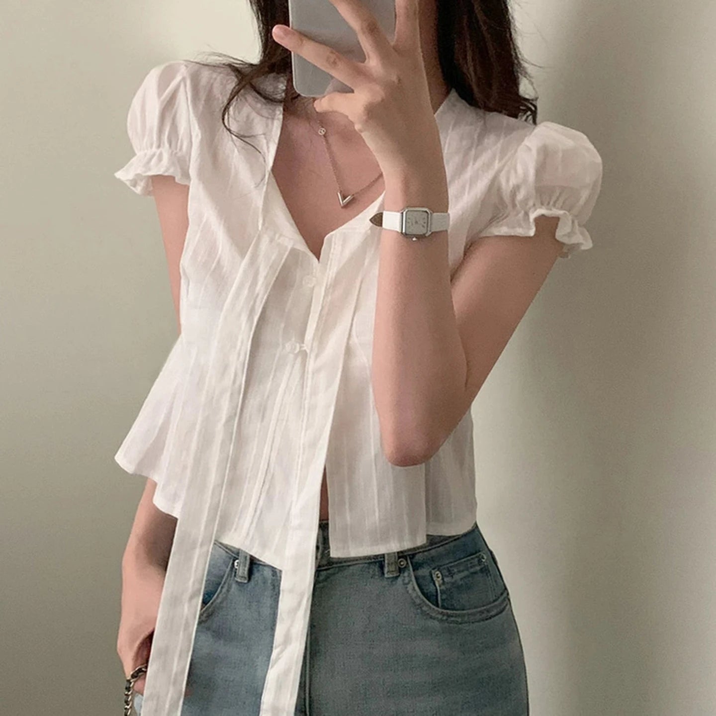 Women's White Puff Sleeve T-Shirt with Lace - Up V - Neck, Soft Cute Casual Blouse for Girls - Zeprah