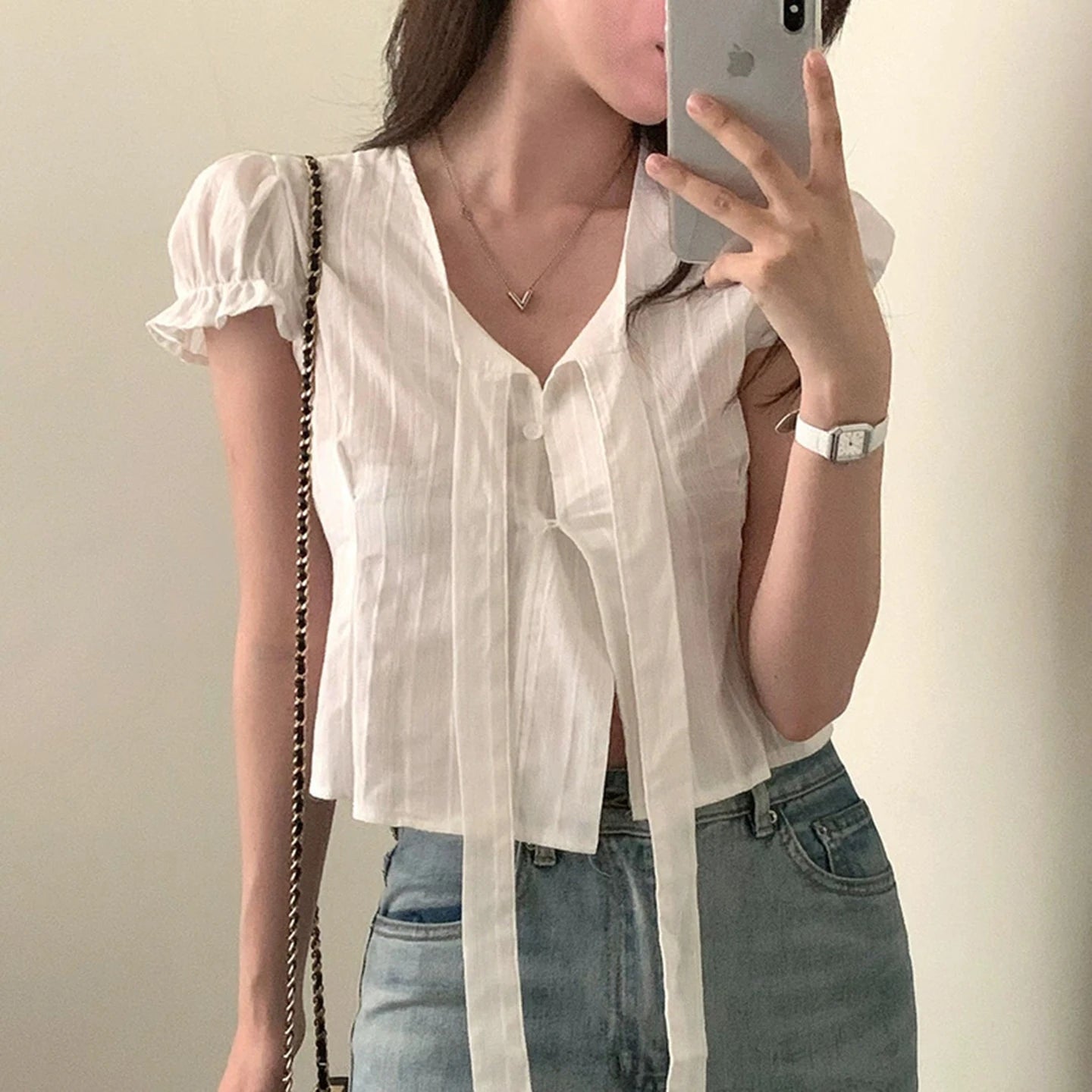 Women's White Puff Sleeve T-Shirt with Lace - Up V - Neck, Soft Cute Casual Blouse for Girls - Zeprah