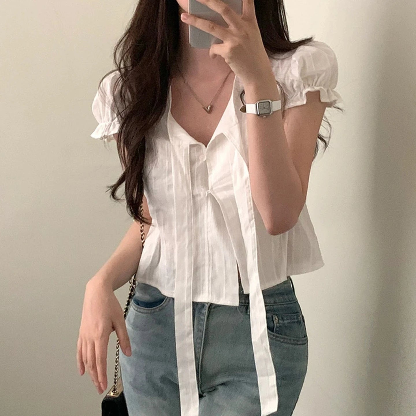 Women's White Puff Sleeve T-Shirt with Lace - Up V - Neck, Soft Cute Casual Blouse for Girls - Zeprah