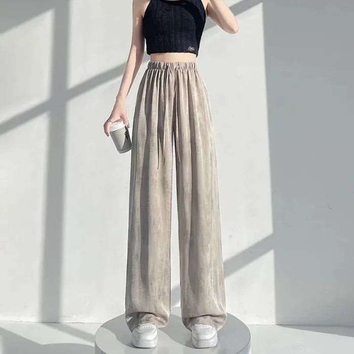 Women's Wide Leg Casual Straight Pants High Waist Elastic Waist Flat Front Breathable Loose Fit Spring Autumn - Zeprah
