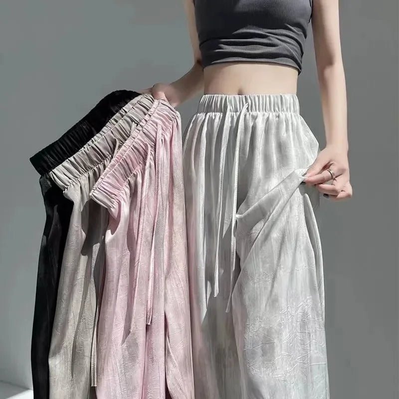 Women's Wide Leg Casual Straight Pants High Waist Elastic Waist Flat Front Breathable Loose Fit Spring Autumn - Zeprah