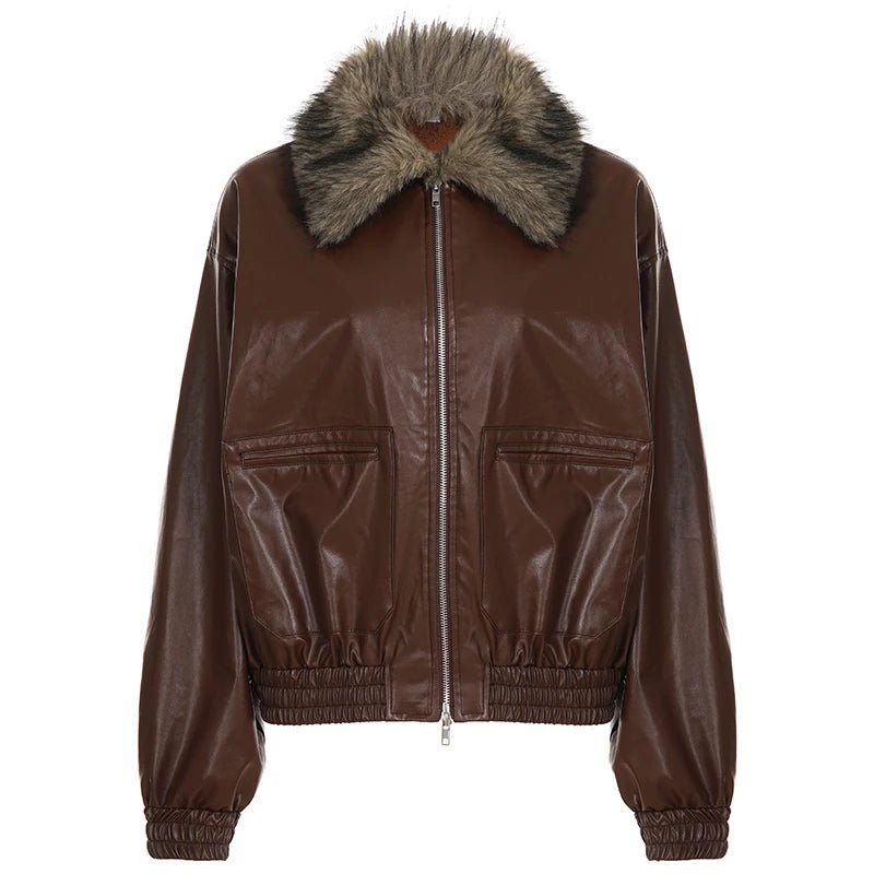 Women's Winter Blouson Loose Fit PU Jacket Contoured Waist Turn - down Collar Eco - Friendly Windproof Long Sleeve Zip Front - Zeprah