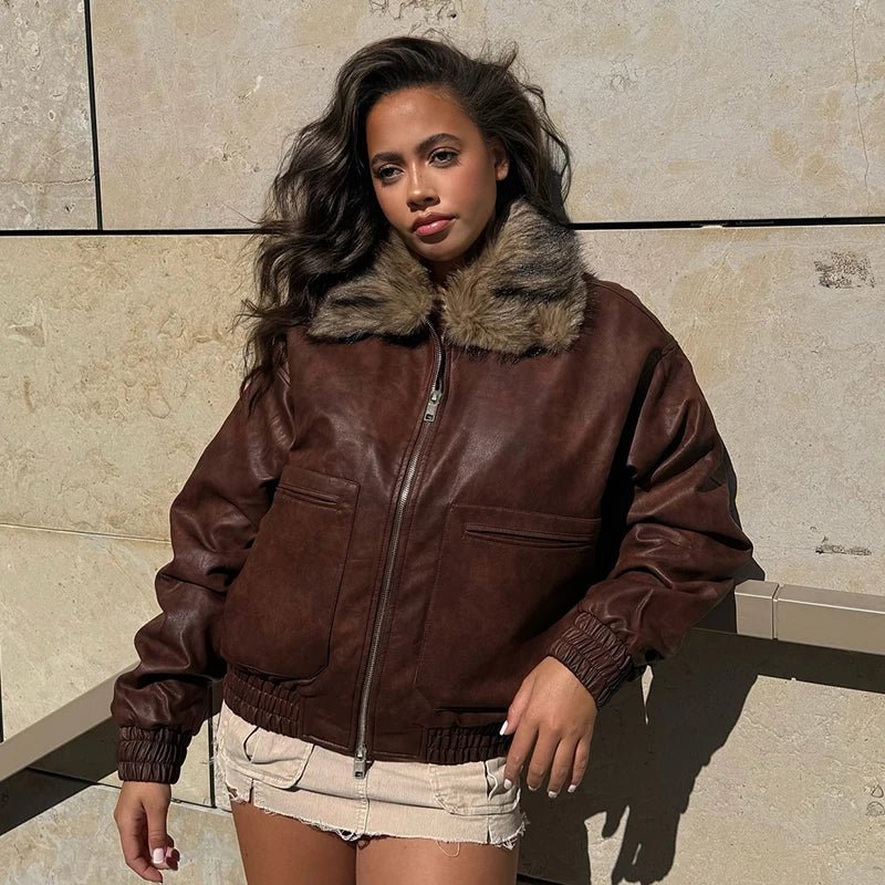 Women's Winter Blouson Loose Fit PU Jacket Contoured Waist Turn - down Collar Eco - Friendly Windproof Long Sleeve Zip Front - Zeprah