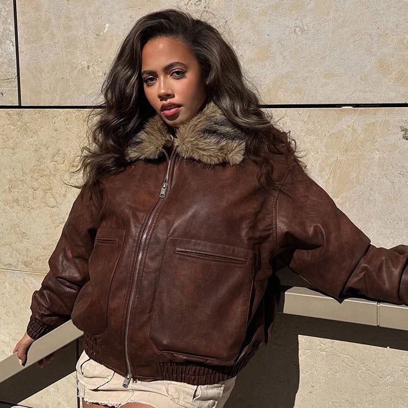 Women's Winter Blouson Loose Fit PU Jacket Contoured Waist Turn - down Collar Eco - Friendly Windproof Long Sleeve Zip Front - Zeprah