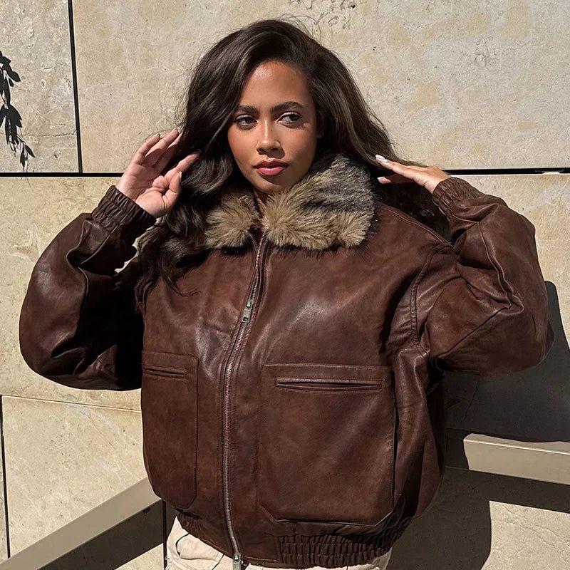 Women's Winter Blouson Loose Fit PU Jacket Contoured Waist Turn - down Collar Eco - Friendly Windproof Long Sleeve Zip Front - Zeprah