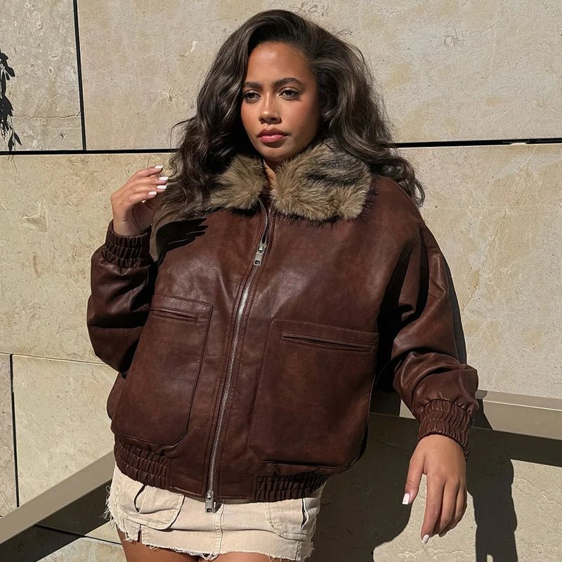 Women's Winter Blouson Loose Fit PU Jacket Contoured Waist Turn - down Collar Eco - Friendly Windproof Long Sleeve Zip Front - Zeprah