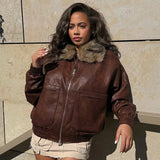 Women's Winter Blouson Loose Fit PU Jacket Contoured Waist Turn - down Collar Eco - Friendly Windproof Long Sleeve Zip Front - Zeprah