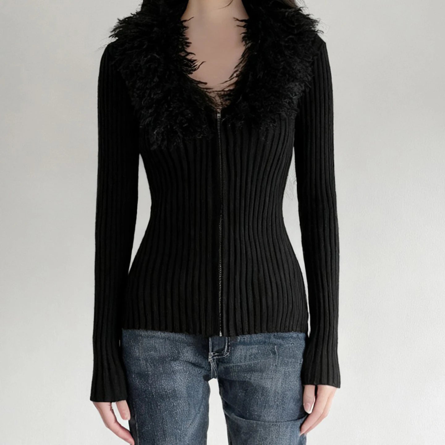 Women's Winter Casual Crocheted Knit Sweater with V - neck Collar Zipper Front Long Sleeves Soft Ties 100% Polyester - Zeprah