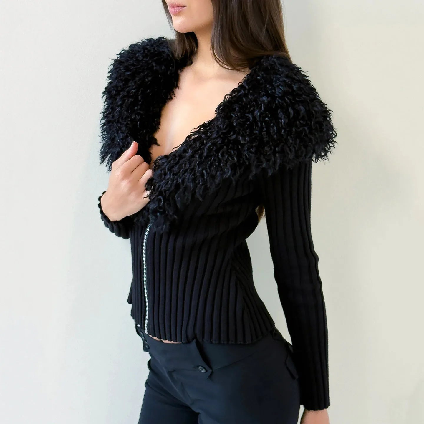 Women's Winter Casual Crocheted Knit Sweater with V - neck Collar Zipper Front Long Sleeves Soft Ties 100% Polyester - Zeprah