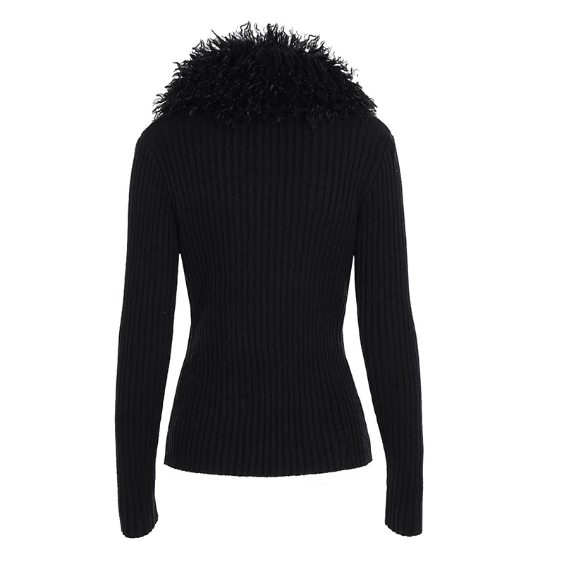 Women's Winter Casual Crocheted Knit Sweater with V - neck Collar Zipper Front Long Sleeves Soft Ties 100% Polyester - Zeprah