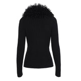 Women's Winter Casual Crocheted Knit Sweater with V - neck Collar Zipper Front Long Sleeves Soft Ties 100% Polyester - Zeprah