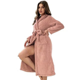 Women's Winter Pink Bathrobe with Pockets Belt Coral Fleece Thickened Pajamas in European American Style Solid Pattern - Zeprah