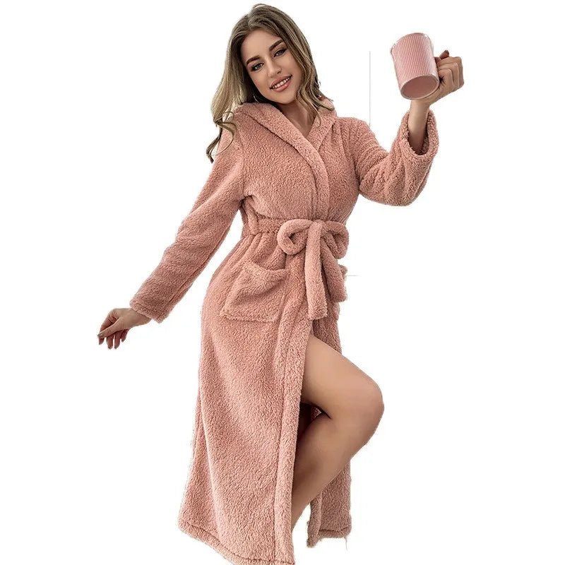 Women's Winter Pink Bathrobe with Pockets Belt Coral Fleece Thickened Pajamas in European American Style Solid Pattern - Zeprah