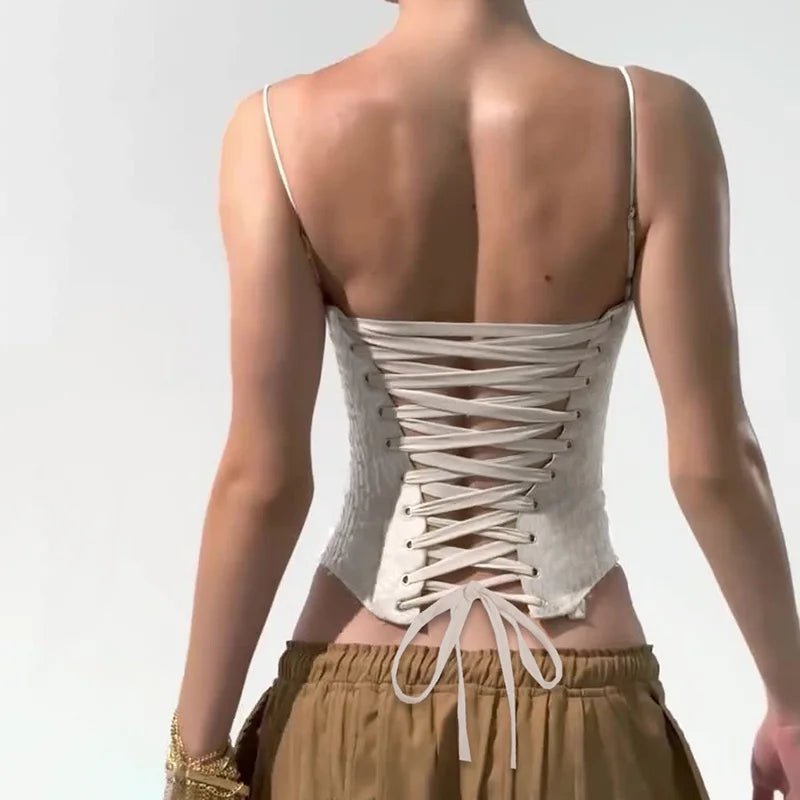 Women's Woven Lace Mesh Sequin Bustier - Short Ribbons Summer Back Tie Strap Cami Top Corset Style Evening Wear - Zeprah
