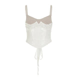 Women's Woven Lace Mesh Sequin Bustier - Short Ribbons Summer Back Tie Strap Cami Top Corset Style Evening Wear - Zeprah