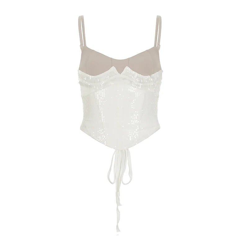 Women's Woven Lace Mesh Sequin Bustier - Short Ribbons Summer Back Tie Strap Cami Top Corset Style Evening Wear - Zeprah