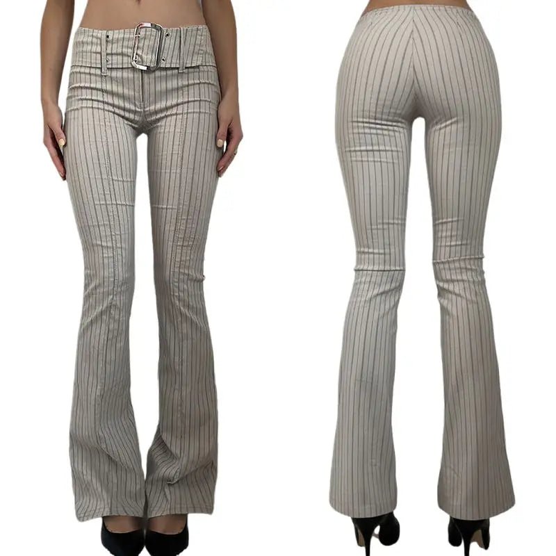 Women's Woven Skinny Pants with Metal Buckle Belt Striped Low Waist Breathable Versatile Commuter Casual Wear - Zeprah