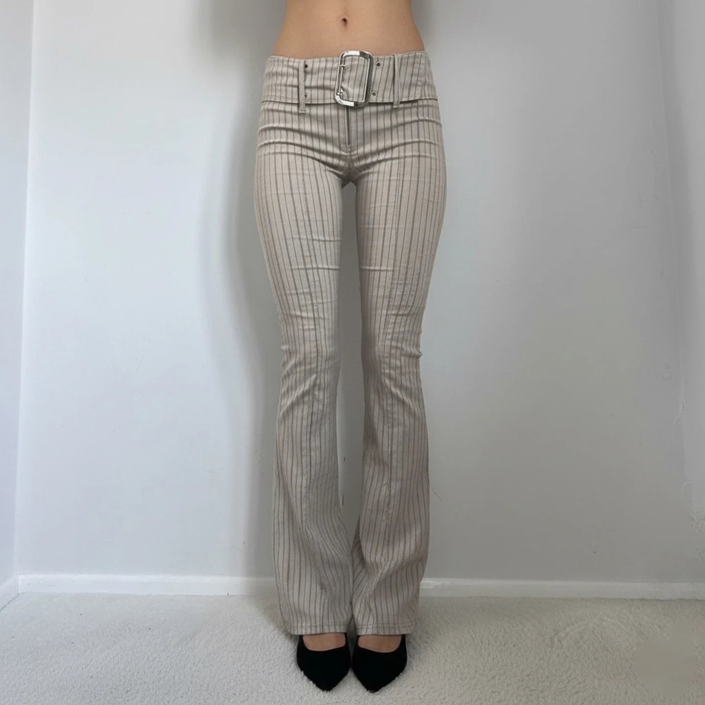 Women's Woven Skinny Pants with Metal Buckle Belt Striped Low Waist Breathable Versatile Commuter Casual Wear - Zeprah