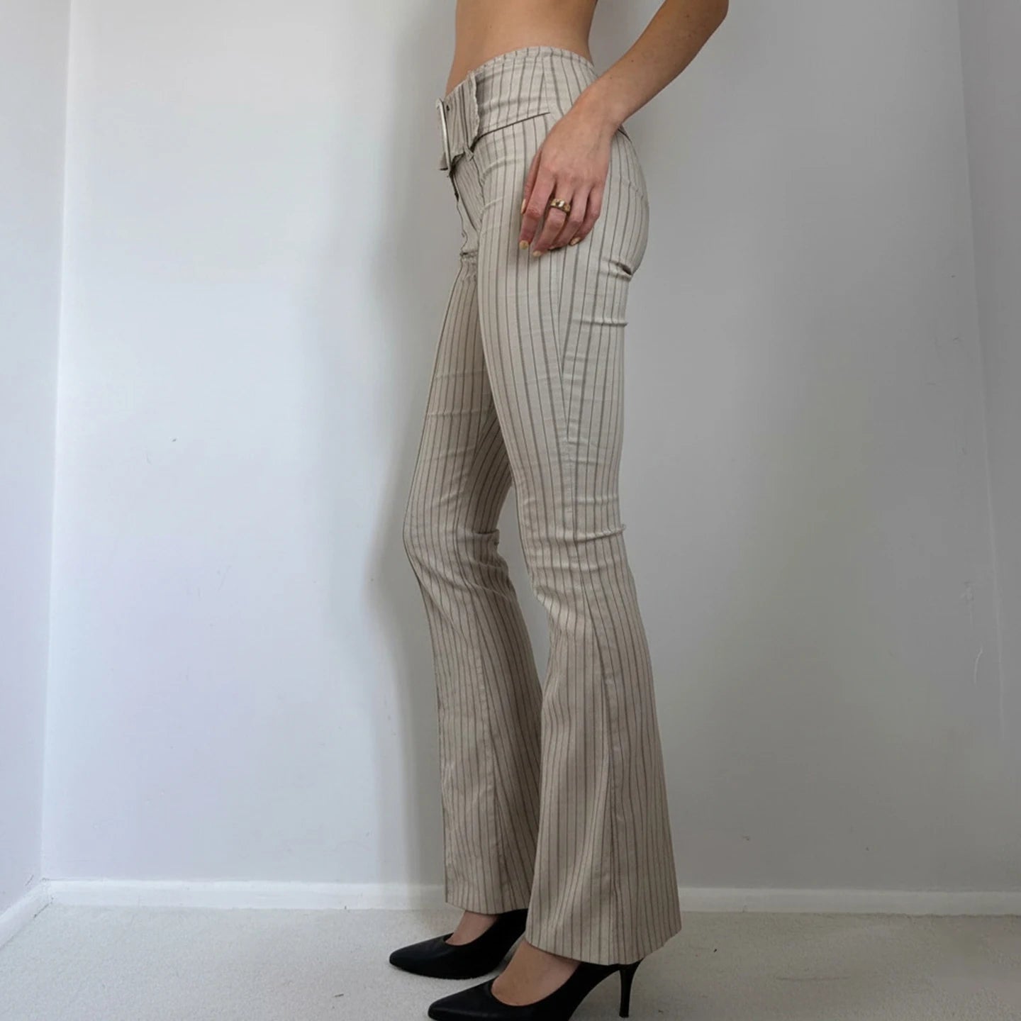 Women's Woven Skinny Pants with Metal Buckle Belt Striped Low Waist Breathable Versatile Commuter Casual Wear - Zeprah