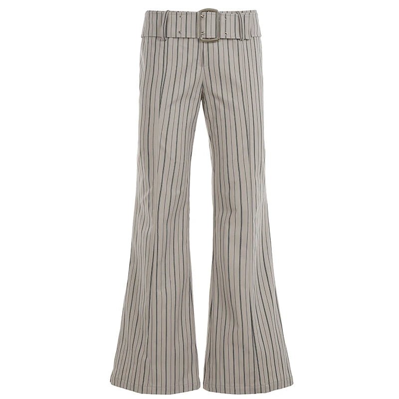 Women's Woven Skinny Pants with Metal Buckle Belt Striped Low Waist Breathable Versatile Commuter Casual Wear - Zeprah