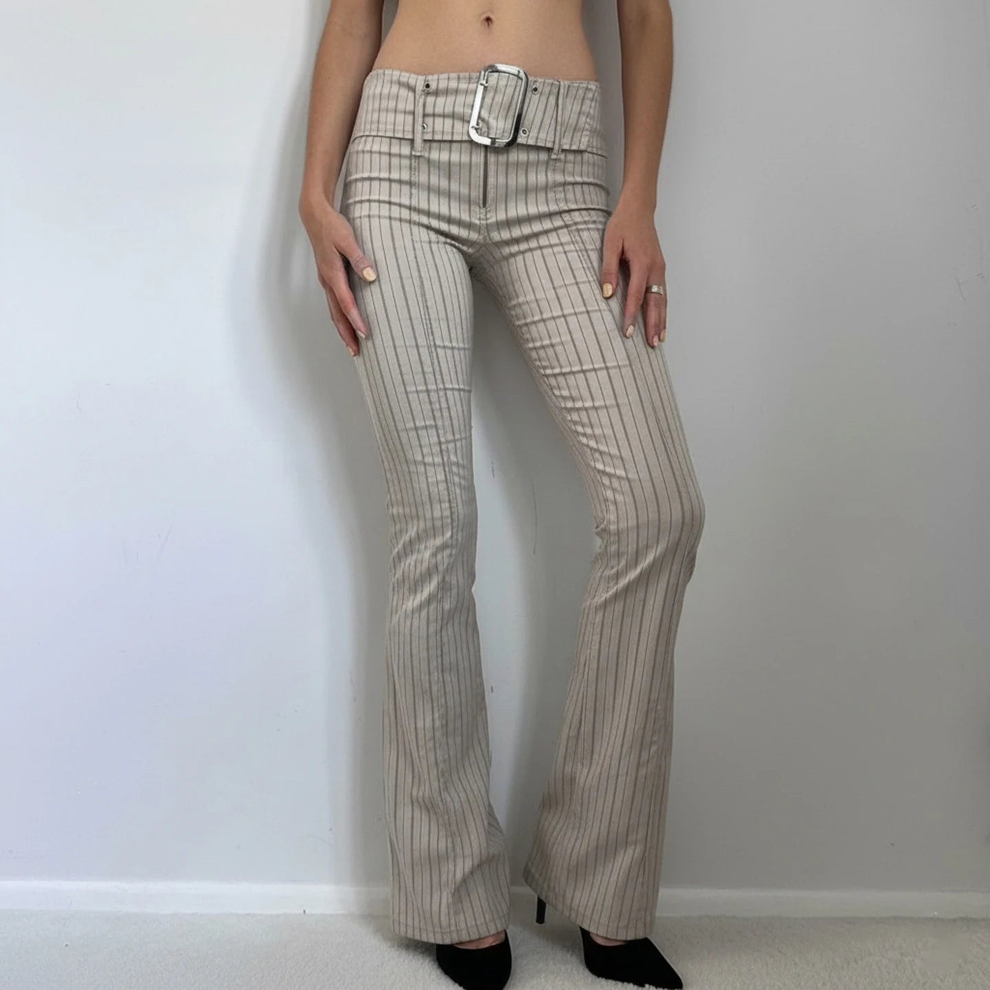 Women's Woven Skinny Pants with Metal Buckle Belt Striped Low Waist Breathable Versatile Commuter Casual Wear - Zeprah