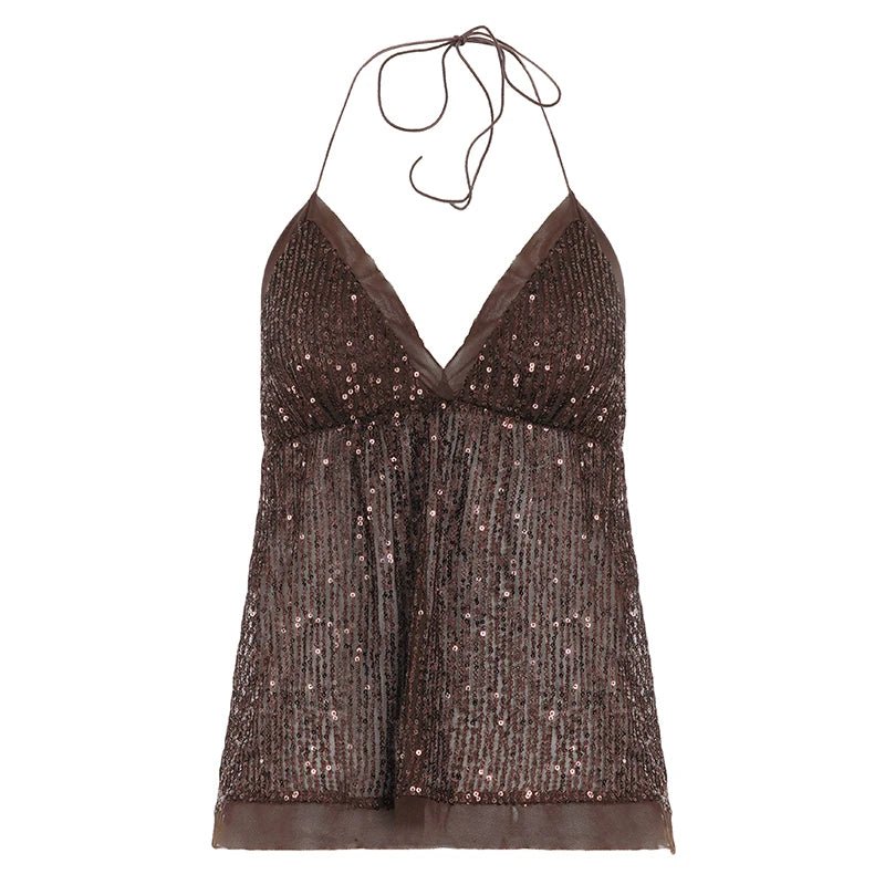 Women's Y2K Sexy V Neck Backless CAMIS Sequin Embroidery Glitter Lace Patchwork Woven Eco - Friendly 100% Polyester Street Style - Zeprah