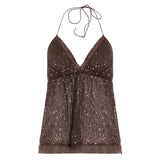 Women's Y2K Sexy V Neck Backless CAMIS Sequin Embroidery Glitter Lace Patchwork Woven Eco - Friendly 100% Polyester Street Style - Zeprah