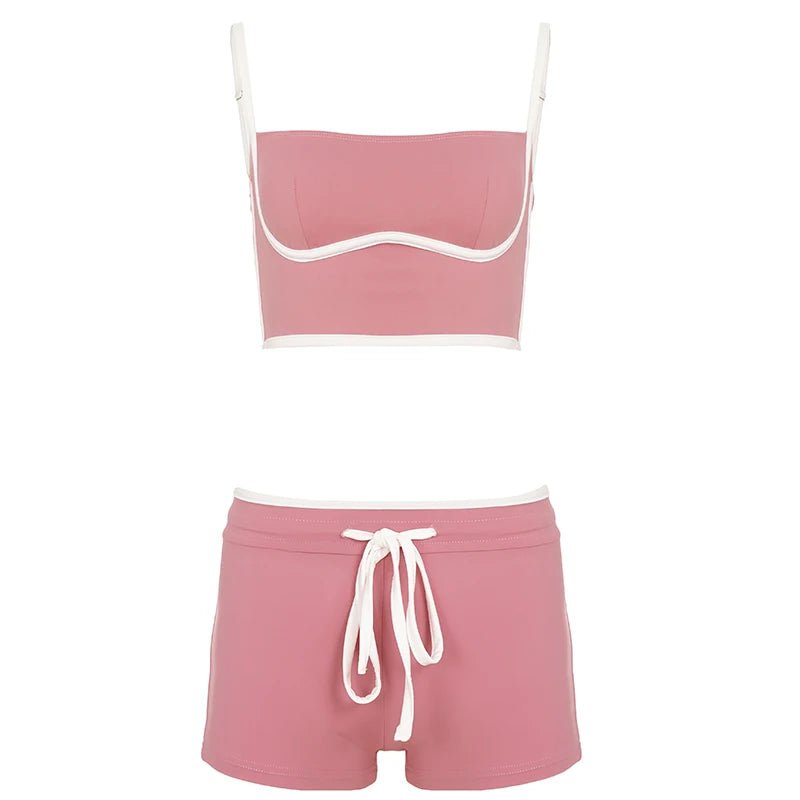 Women's Yoga Set Slim Fit High Stretch Cool Feel Contrast Color Drawstring Shorts Sleeveless Crop Top Casual Knitting Breathable - Zeprah