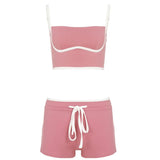 Women's Yoga Set Slim Fit High Stretch Cool Feel Contrast Color Drawstring Shorts Sleeveless Crop Top Casual Knitting Breathable - Zeprah