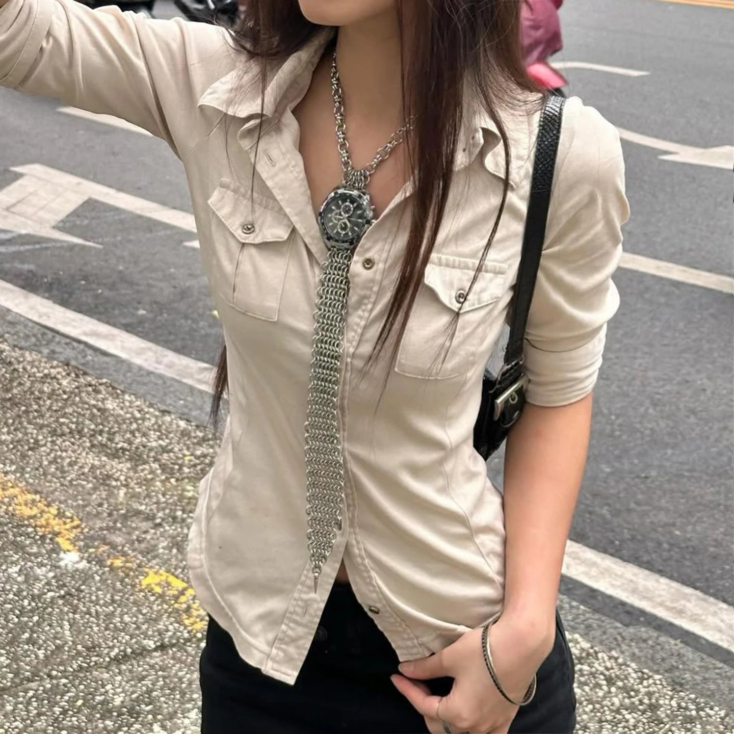 Workwear Retro Knitted Shirt for Women Summer Multi - Pocket Lapel Business Casual Blouse High Quality - Zeprah