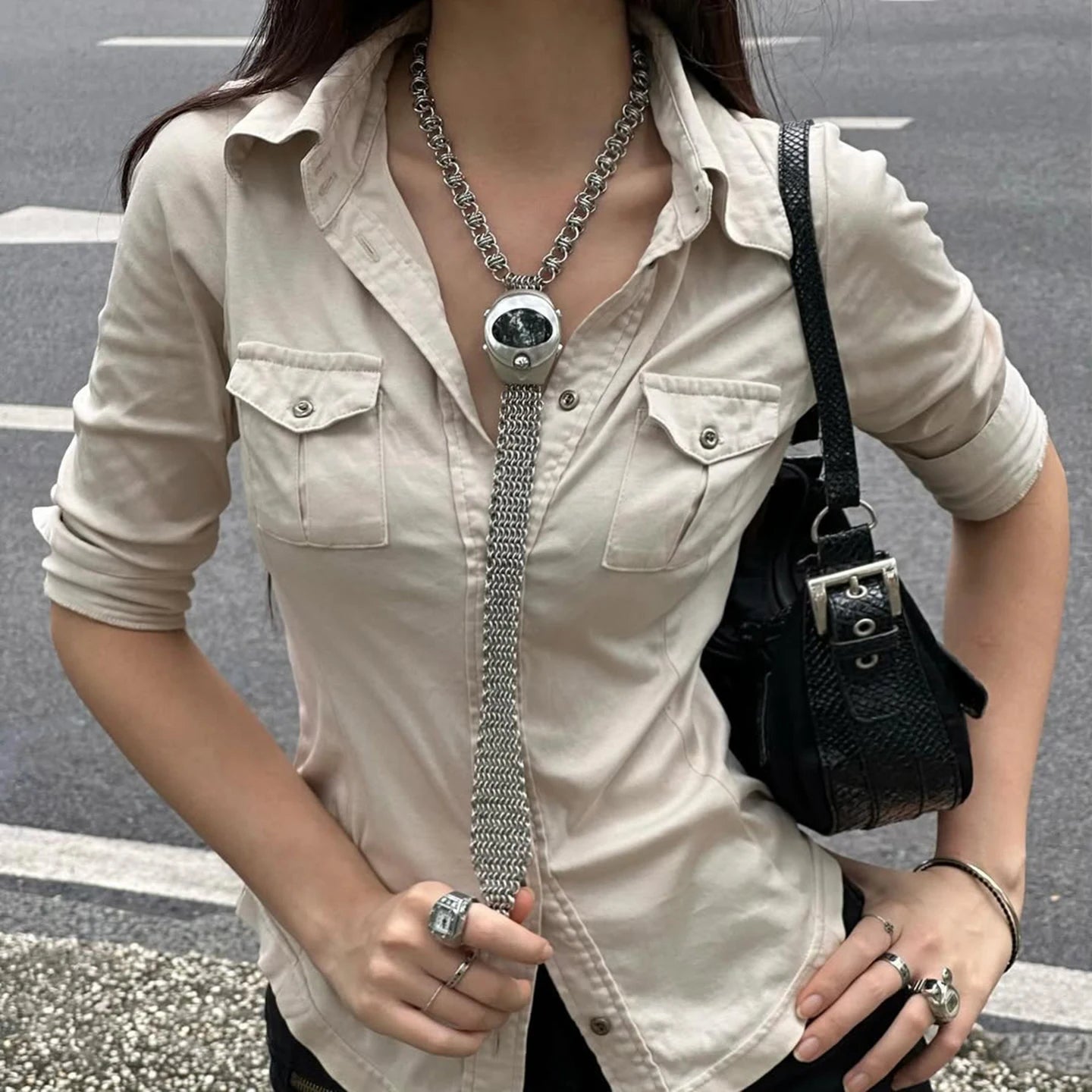 Workwear Retro Knitted Shirt for Women Summer Multi - Pocket Lapel Business Casual Blouse High Quality - Zeprah