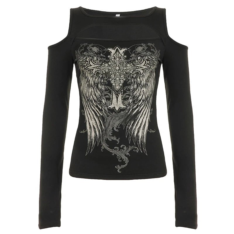 Y2K Autumn Gothic Style Animal Print Knitted Digital Top | Off - Shoulder Long Sleeve Slim Fit T-Shirt for Women - Zeprah