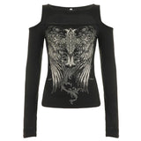 Y2K Autumn Gothic Style Animal Print Knitted Digital Top | Off - Shoulder Long Sleeve Slim Fit T-Shirt for Women - Zeprah