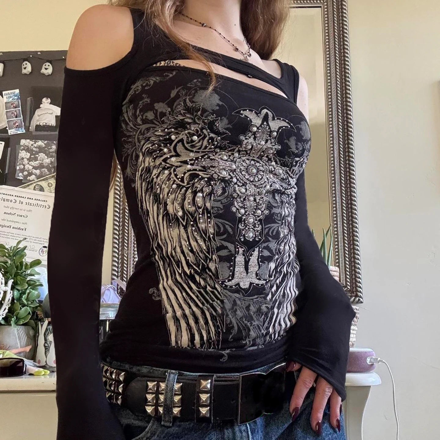 Y2K Autumn Gothic Style Animal Print Knitted Digital Top | Off - Shoulder Long Sleeve Slim Fit T-Shirt for Women - Zeprah