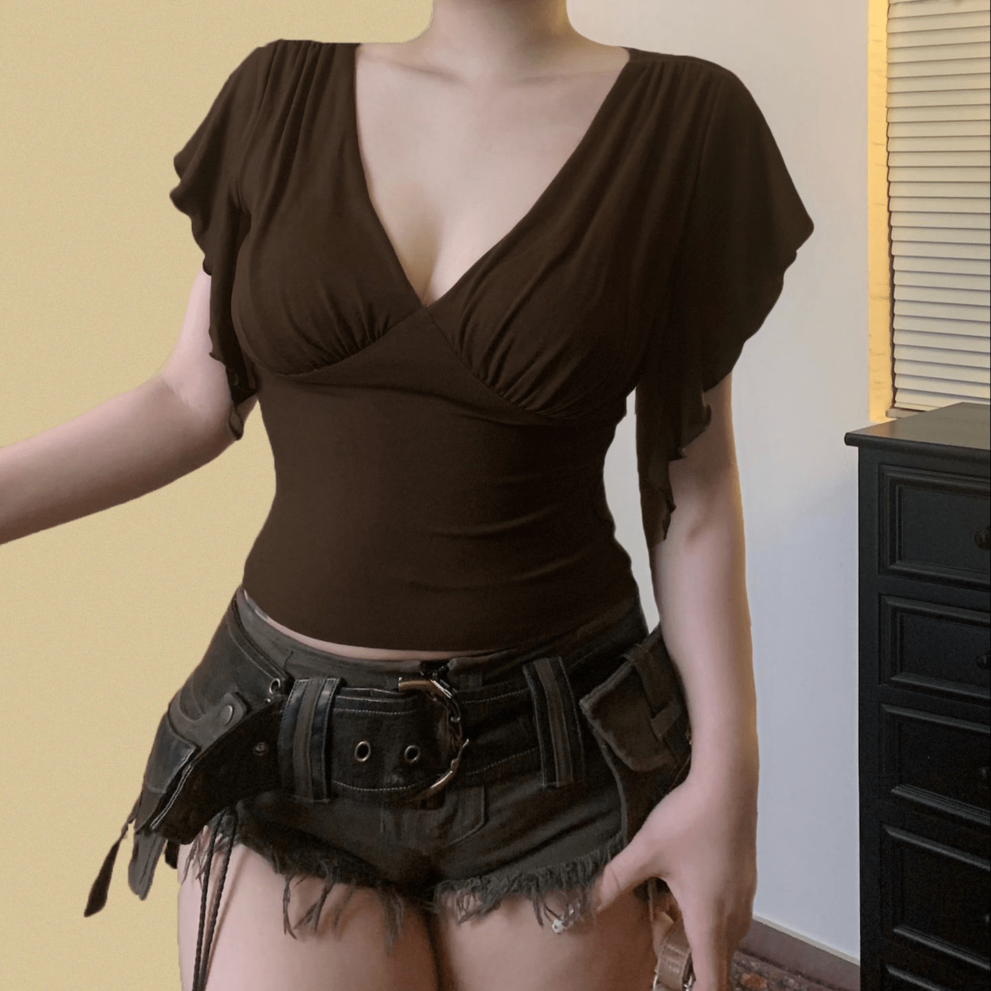 Y2K Cross V - Neck Knitted T-Shirt | Women's Sexy Basic Solid Color Short Sleeve Top | Slim Fit Summer Blouse | Viscose/Poly - Zeprah