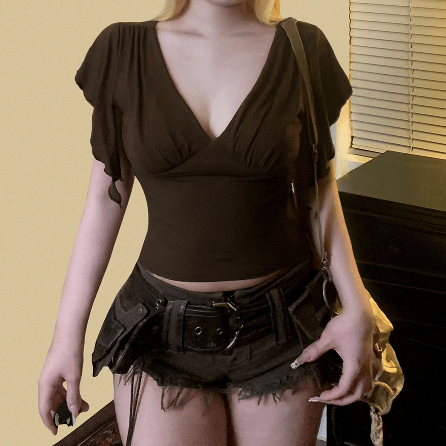 Y2K Cross V - Neck Knitted T-Shirt | Women's Sexy Basic Solid Color Short Sleeve Top | Slim Fit Summer Blouse | Viscose/Poly - Zeprah