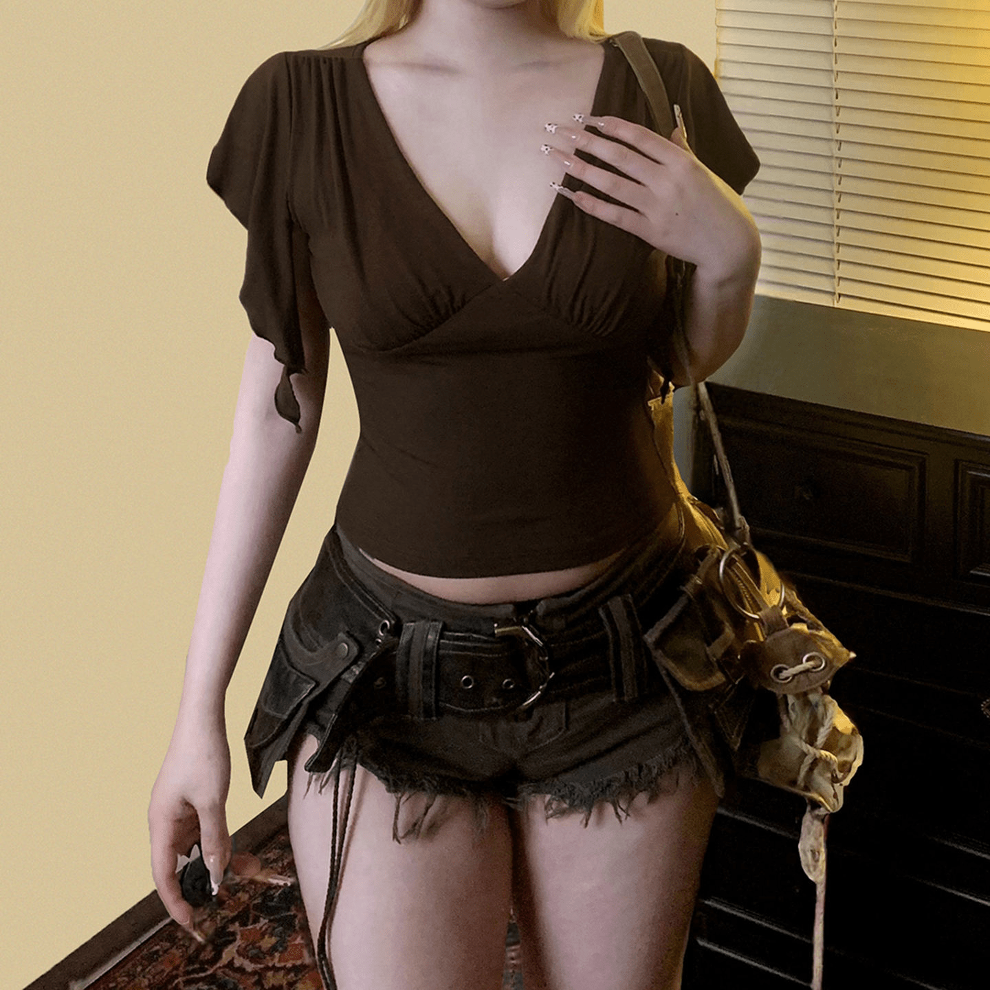 Y2K Cross V - Neck Knitted T-Shirt | Women's Sexy Basic Solid Color Short Sleeve Top | Slim Fit Summer Blouse | Viscose/Poly - Zeprah