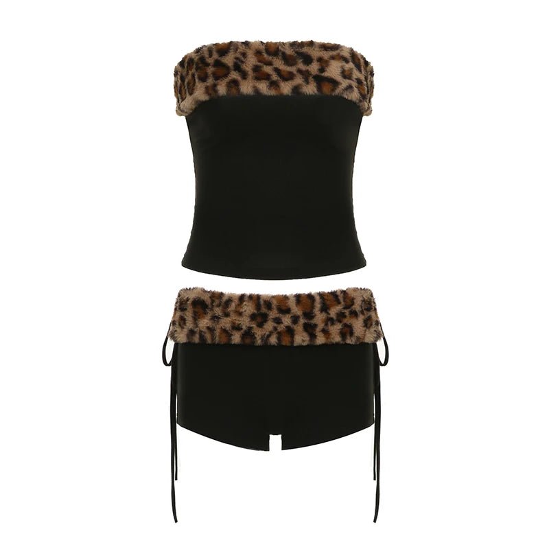 Y2K Leopard Print Casual Skinny Fit Strapless Faux Fur Trim Spandex/Polyester Eco - Friendly Lace up Shorts Clubwear Crop Top Set - Zeprah