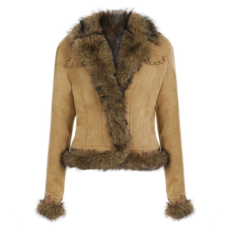 Y2K Retro Eco - Friendly Woven Windproof Polyester Single Breasted Casual Jacket Faux Fur Trim Notch Lapel Winter Warm Plain Dyed - Zeprah