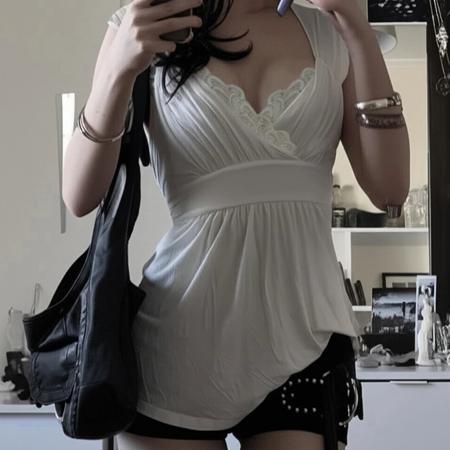 Y2K Sexy Lace Trim Woven V - Neck Short Sleeve T-Shirt Drawstring Belted Waist Regular Fit Print Summer Breathable Cotton Spandex - Zeprah