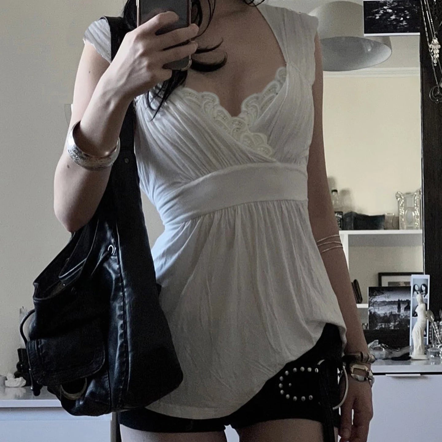 Y2K Sexy Lace Trim Woven V - Neck Short Sleeve T-Shirt Drawstring Belted Waist Regular Fit Print Summer Breathable Cotton Spandex - Zeprah