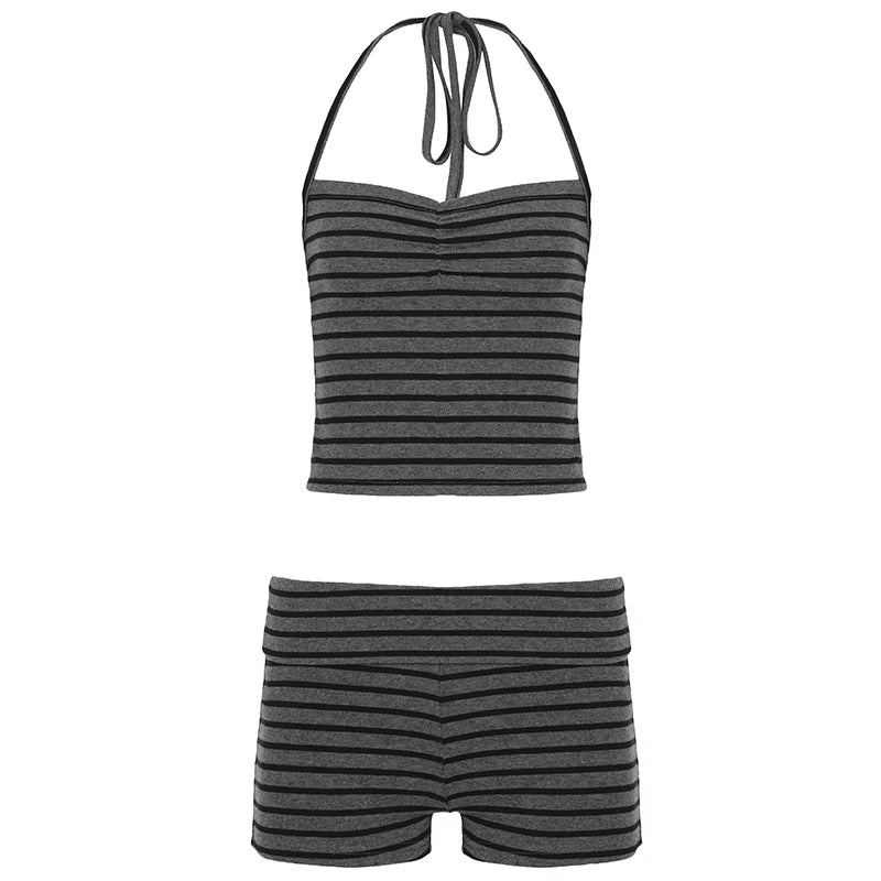 Y2K Striped Lace - Up Print Women's Knee 2 - Piece Sports Yoga Outfit - Sleeveless Cami Top Skinny Fit Tie - Front Shorts - Zeprah