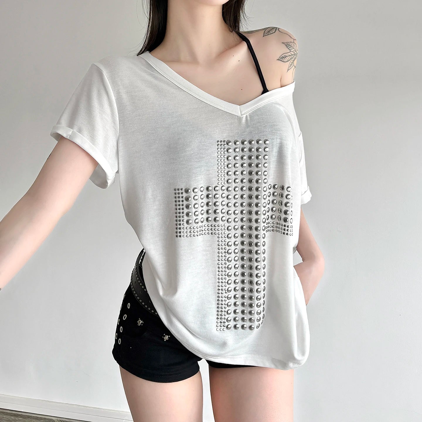 Y2K Vintage Summer Knitted Rivet T-Shirt Euro American Style Sexy V - Neck Oversized Tops Women Casual Loungewear - Zeprah
