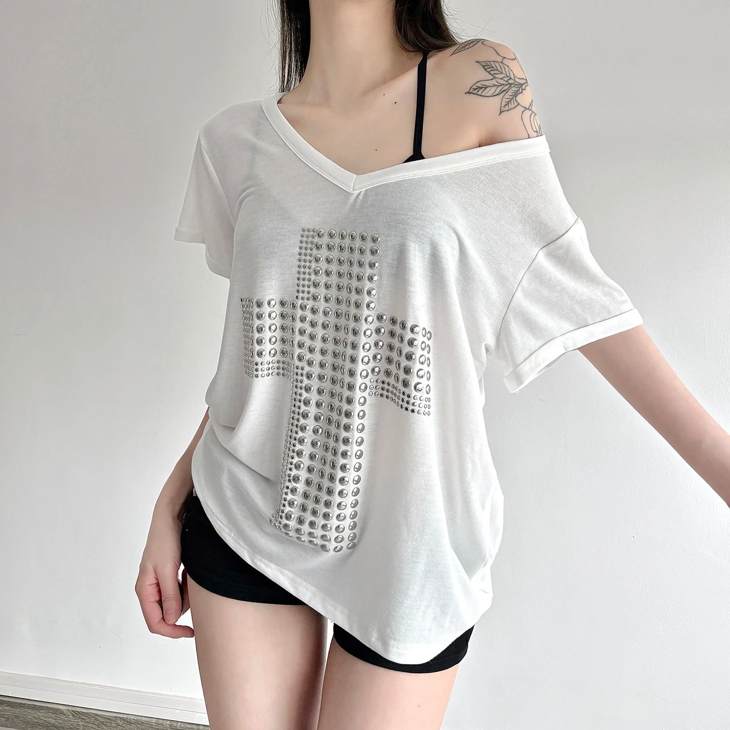 Y2K Vintage Summer Knitted Rivet T-Shirt Euro American Style Sexy V - Neck Oversized Tops Women Casual Loungewear - Zeprah