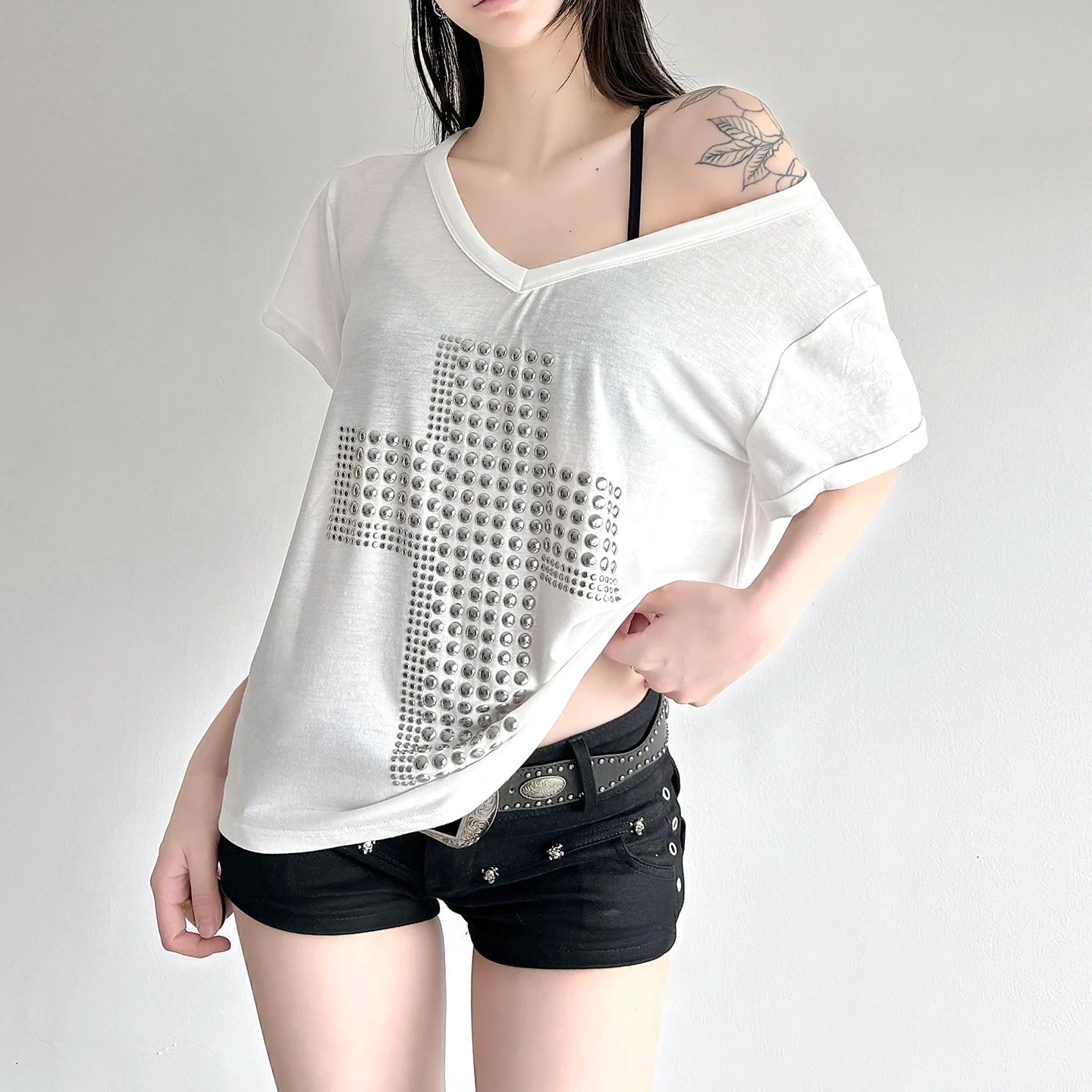 Y2K Vintage Summer Knitted Rivet T-Shirt Euro American Style Sexy V - Neck Oversized Tops Women Casual Loungewear - Zeprah
