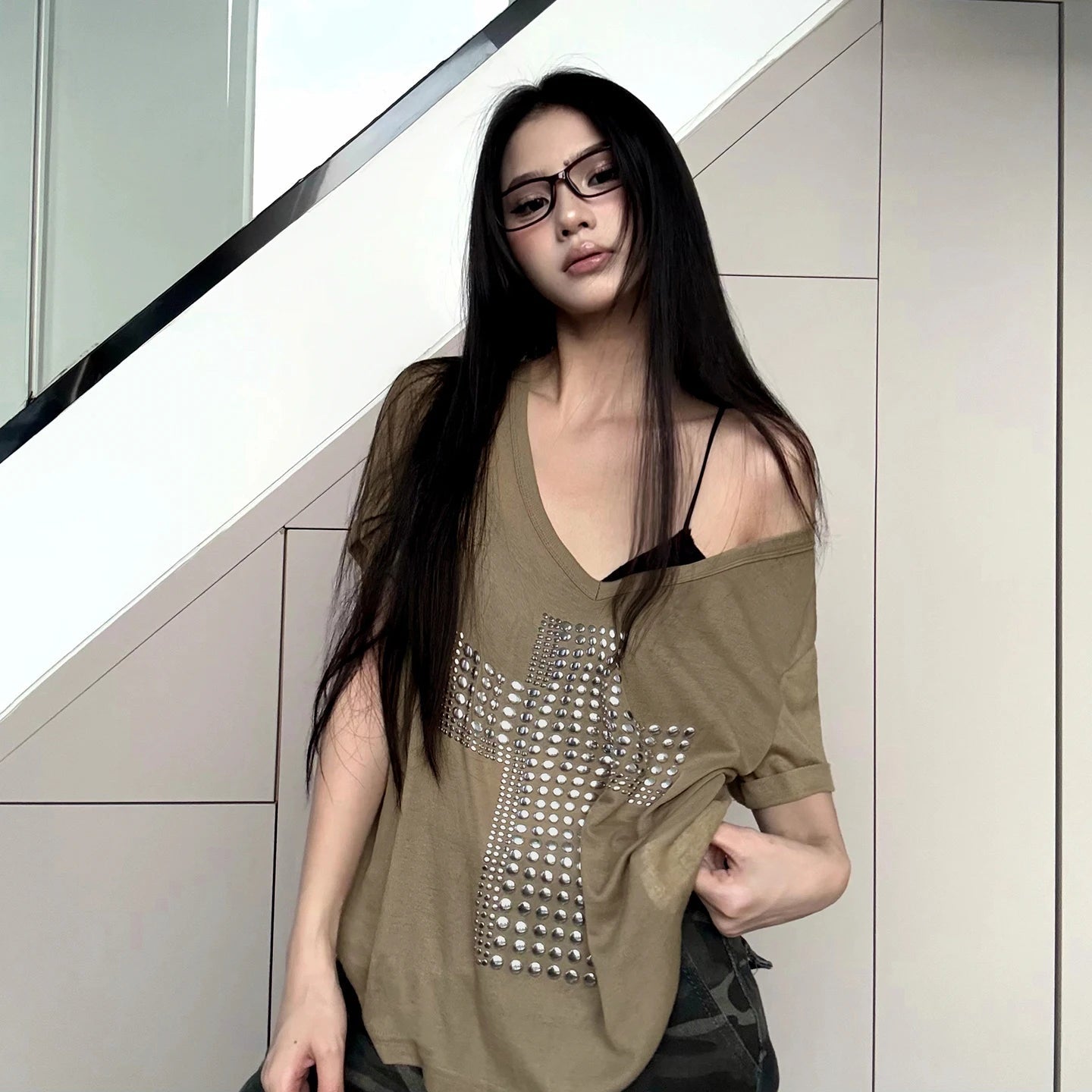 Y2K Vintage Summer Knitted Rivet T-Shirt Euro American Style Sexy V - Neck Oversized Tops Women Casual Loungewear - Zeprah